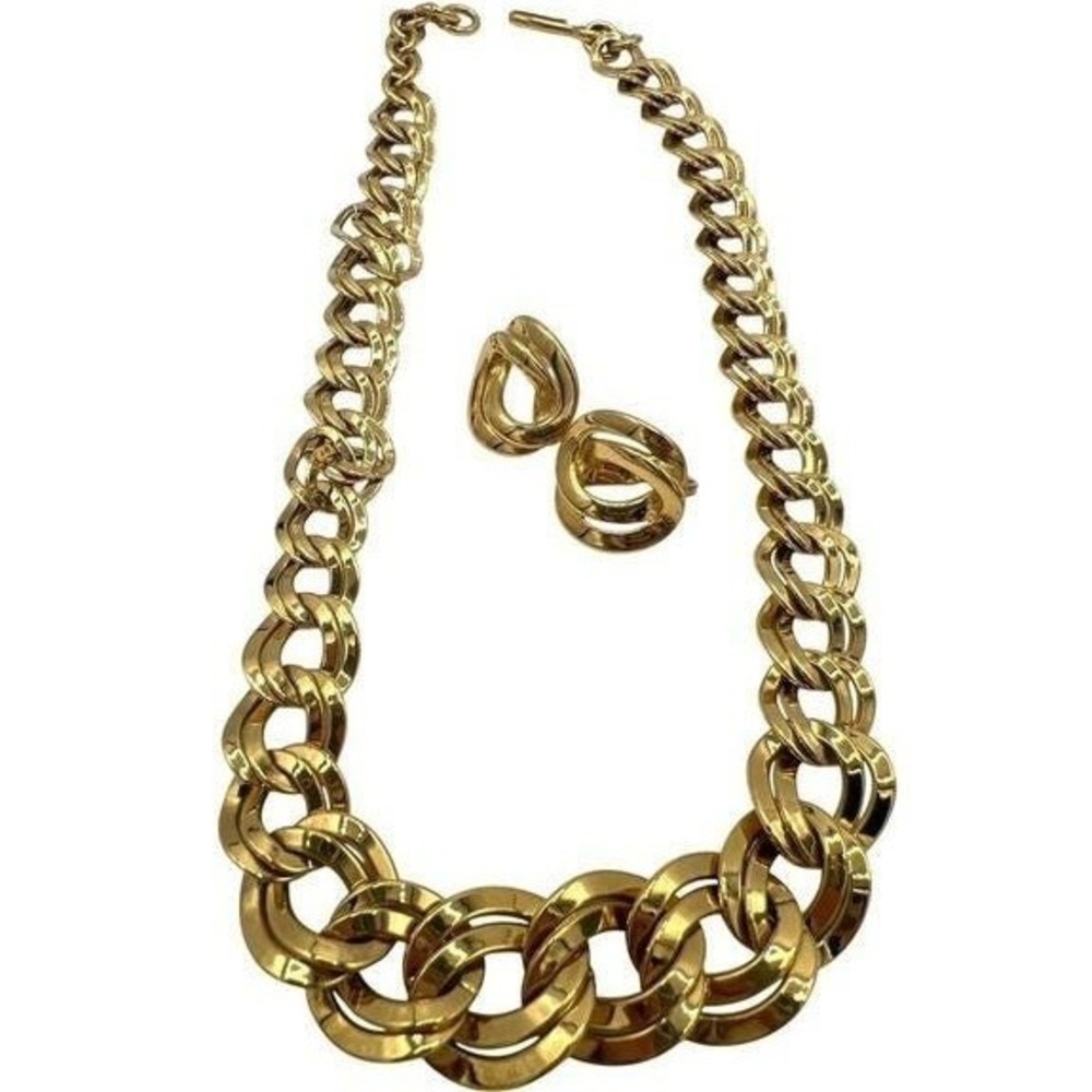 Monet Chunky Necklace Clip Earrings Set 18" Double Curbed Graduated‎ Chain Link